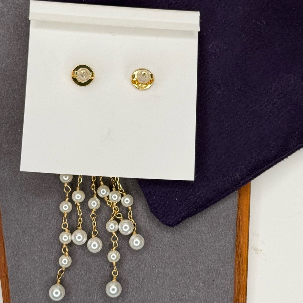 Tory Burch Gold Logo Pearl Tassel Drop Earrings | Statement Dangle - Picture 10 of 12
